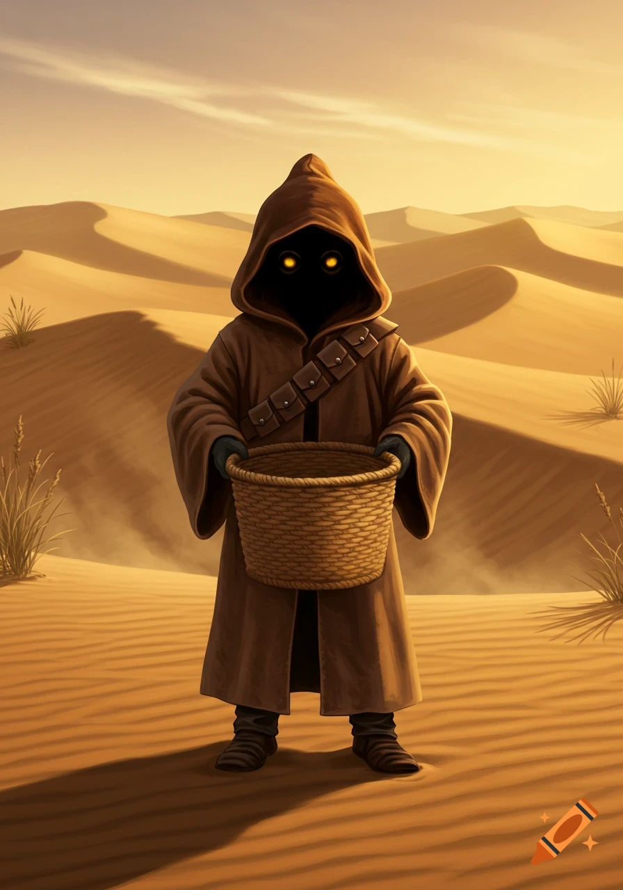 A Jawa character with glowing yellow eyes stands in a desert with sand dunes, holding a woven basket. Digital art.