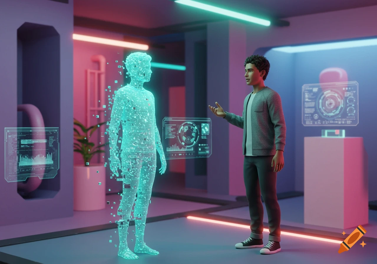A man talks to a glowing, fragmented digital figure in a futuristic room with holographic screens and neon lights.