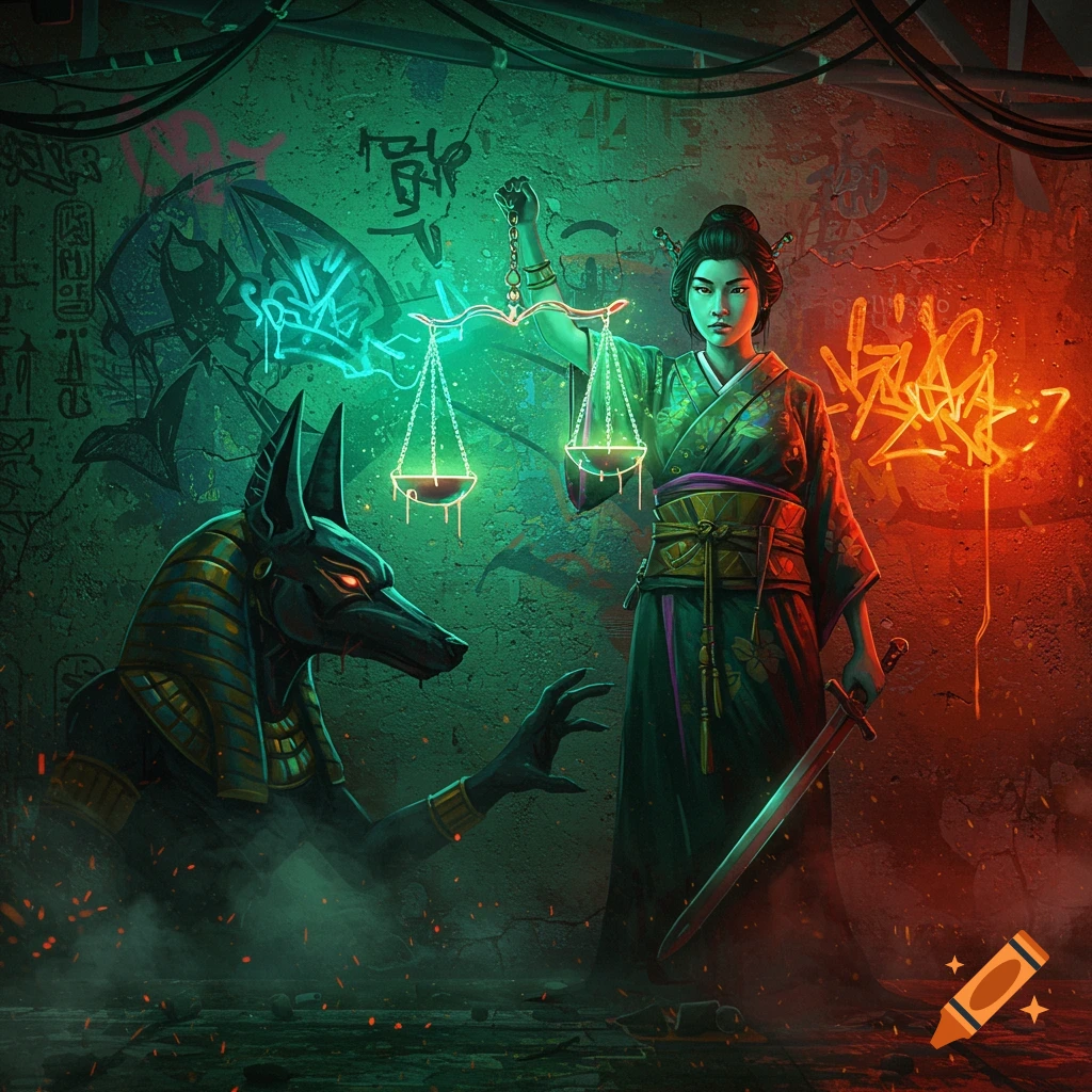 A Japanese woman in a kimono holds glowing scales, with Anubis emerging from mist in a cyberpunk, neon graffiti-filled setting.