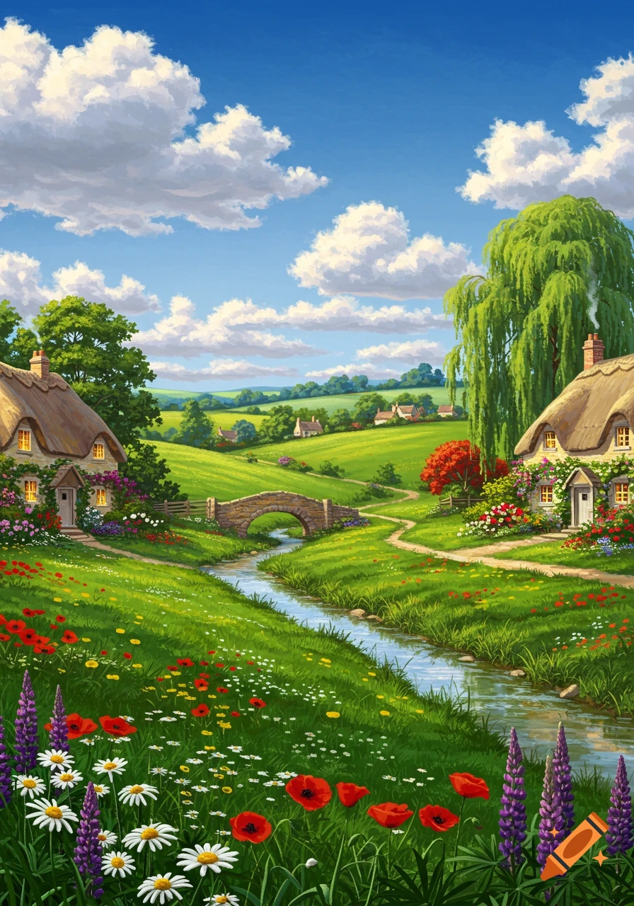 Vibrant illustration of an idyllic English countryside with thatched cottages, a stream, a stone bridge, and colorful wildflowers.