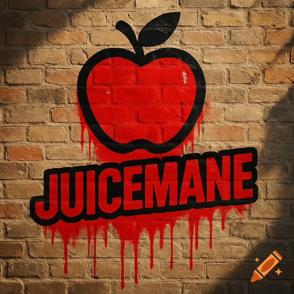 Red apple logo with black outline and dripping red paint, above bold red and black 'JUICEMANE' text, spray-painted on a tan brick wall.