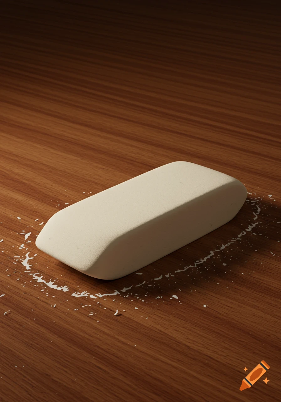A white eraser with white shavings on a wooden desk.