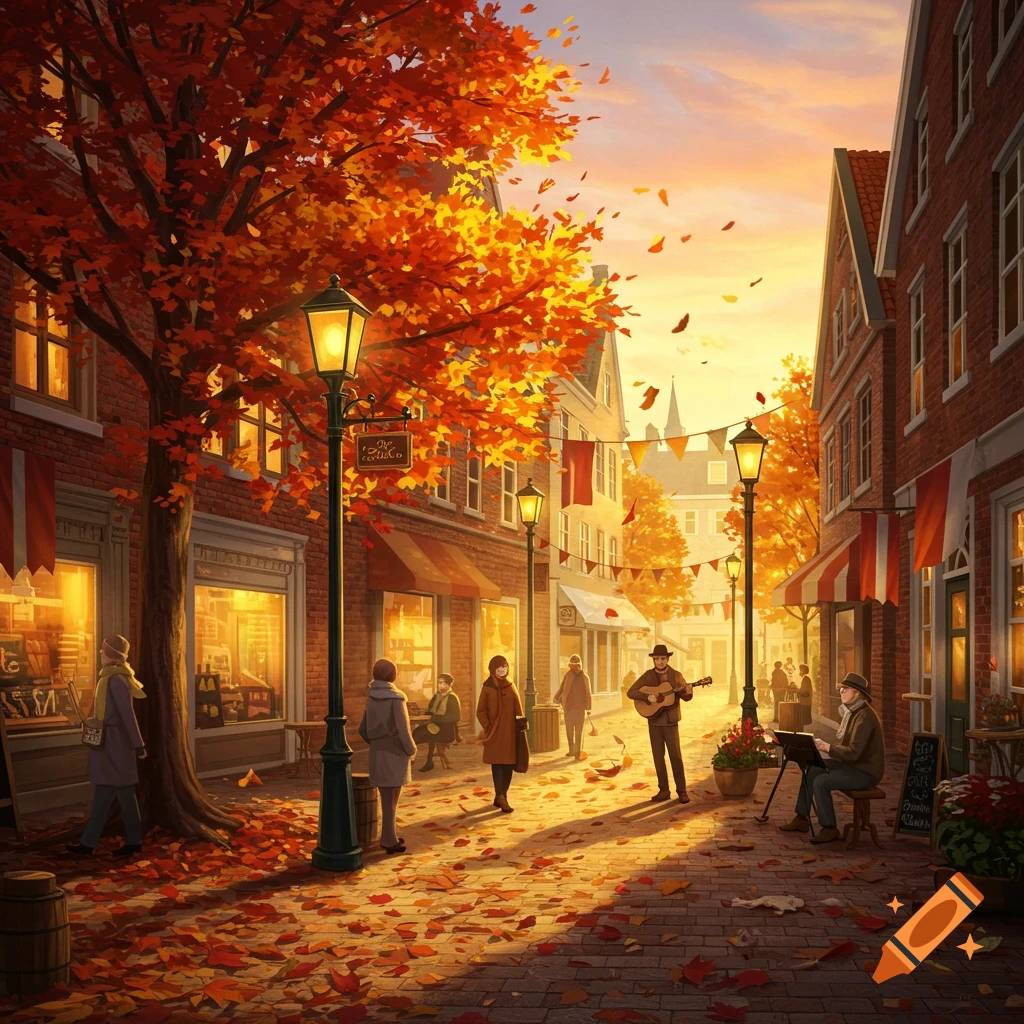 An artistic autumn street scene with people walking and street musicians, under glowing lampposts and orange-leafed trees.