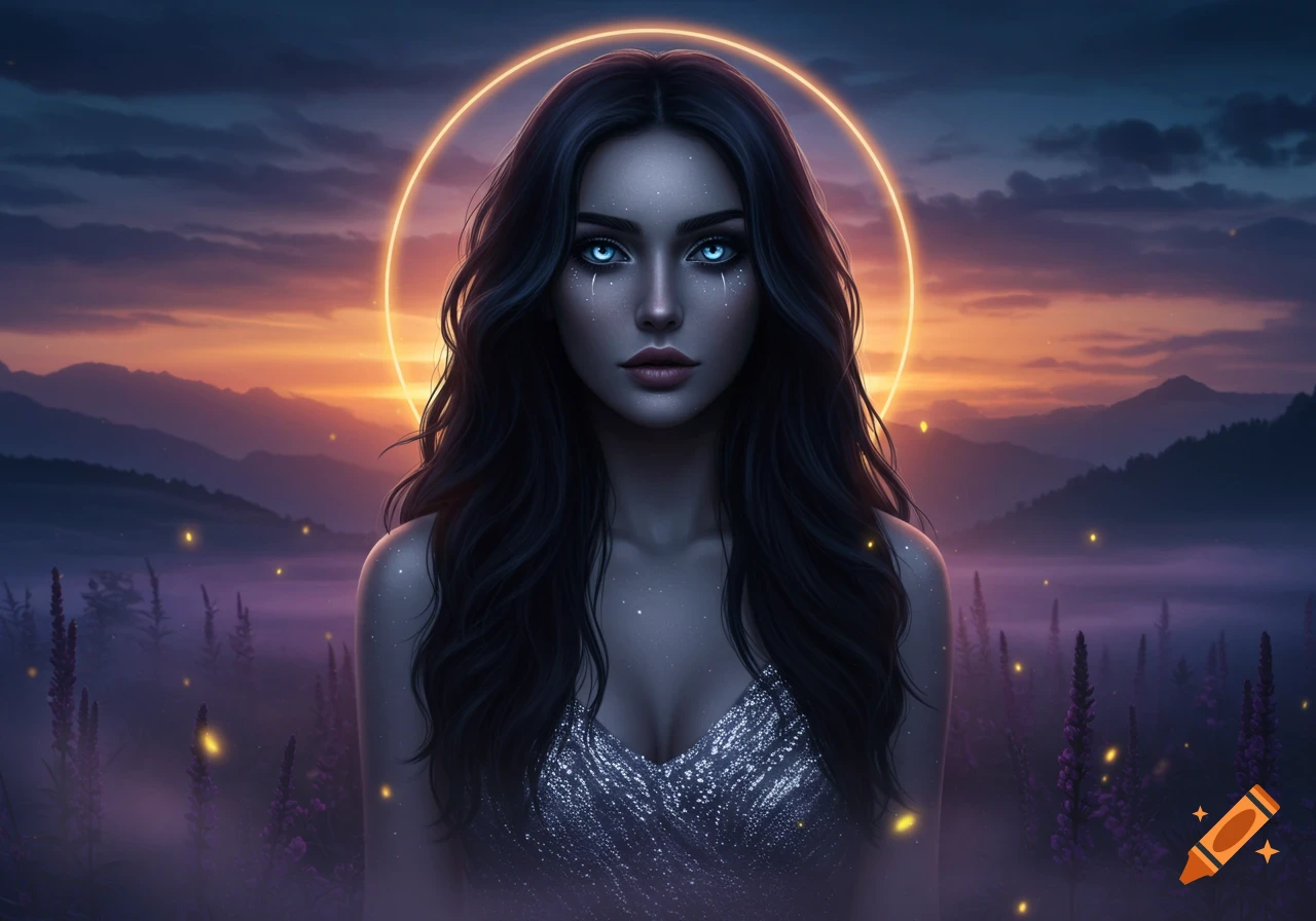 A woman with glowing blue eyes and a gold halo, wearing a shimmery top, against a magical purple and orange sunset landscape.
