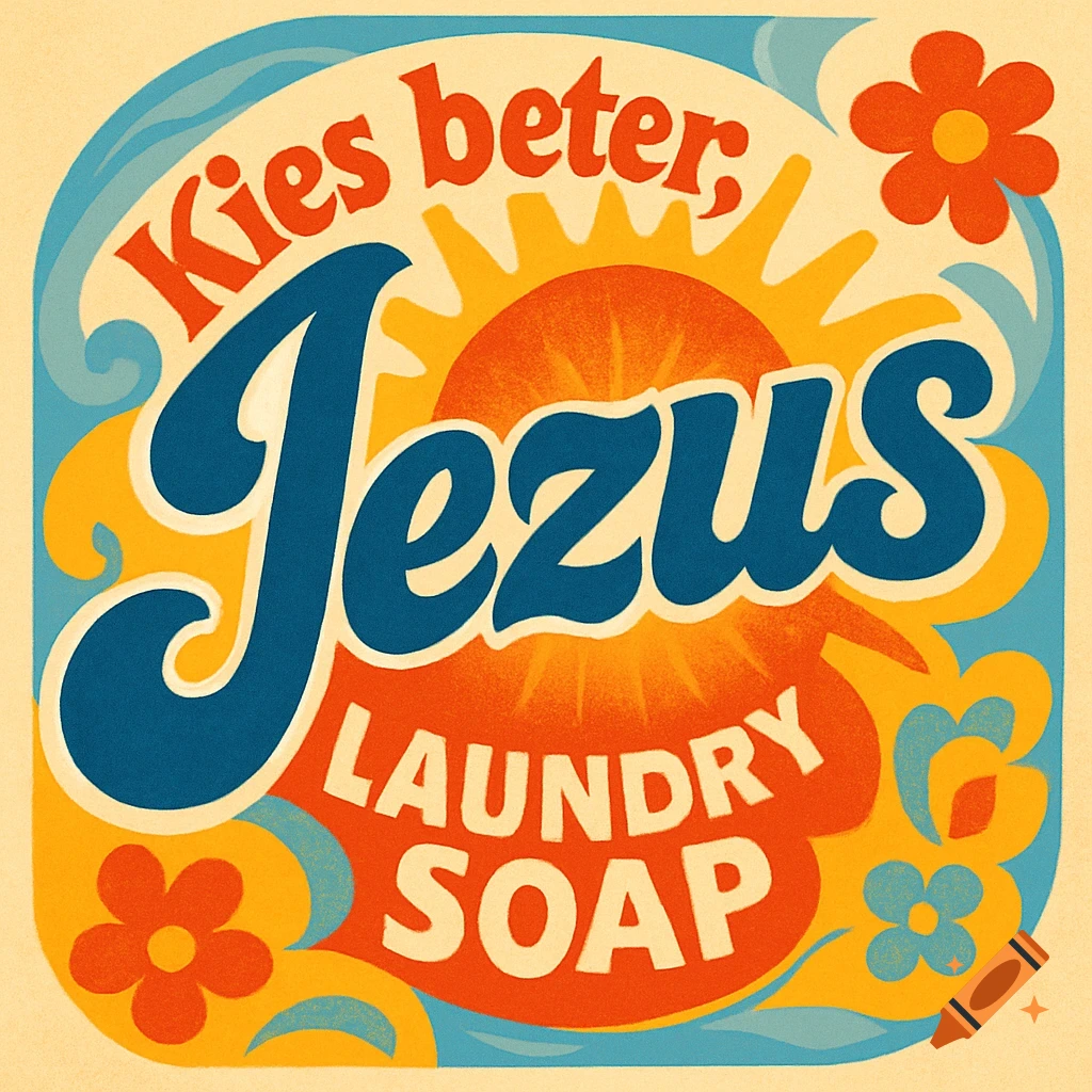 A retro 70s style logo for "Jezus Laundry Soap" with a sun motif and flowers.