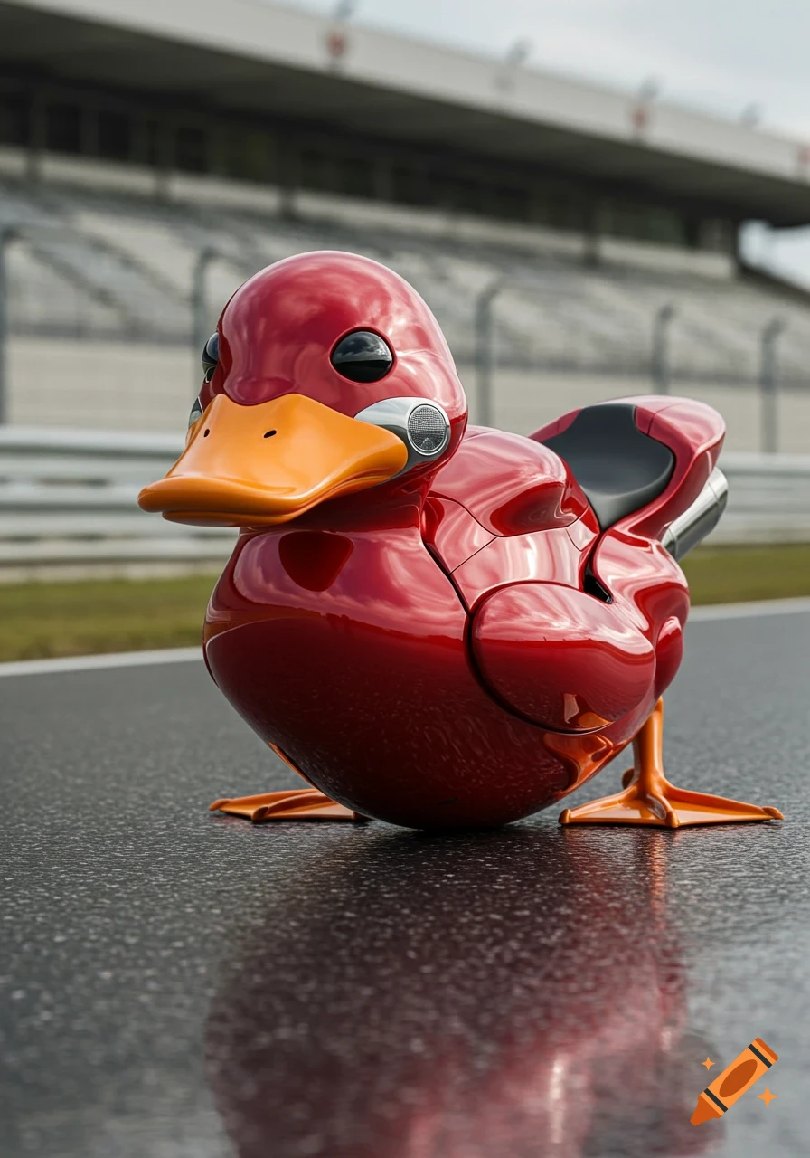 Photorealistic red duck-shaped motorcycle with an orange beak and feet, sitting on a wet race track.