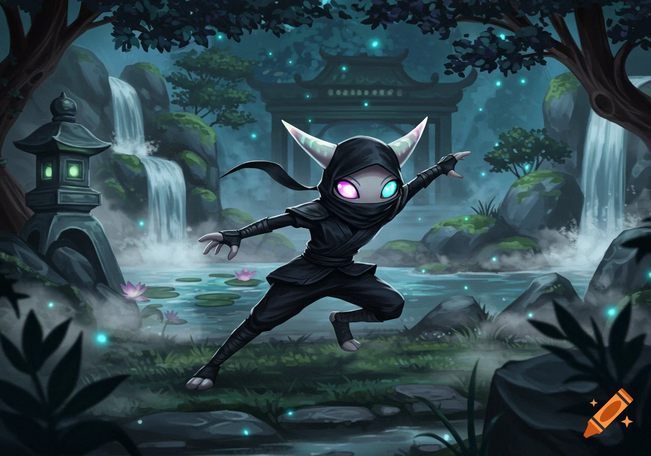 A stylized ninja character with glowing eyes in a mystical Japanese garden with waterfalls and lily pads at night.