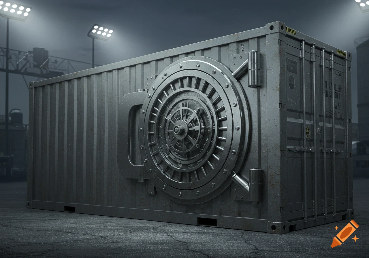 A large, dark gray shipping container with an ornate silver bank vault door on its side, lit by spotlights in an industrial area.
