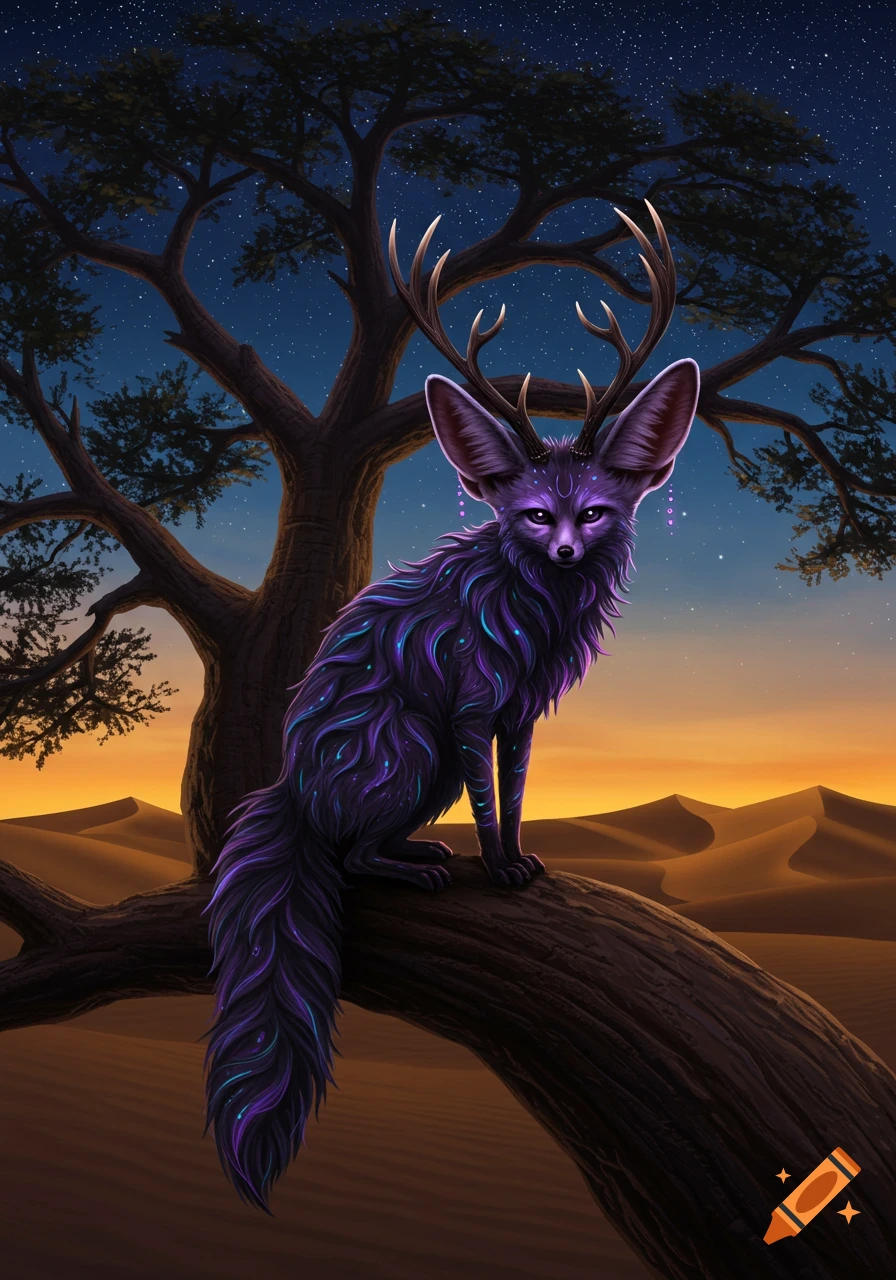 A magical fennec fox with glowing purple and blue fur and antlers sits on a desert tree branch under a starry twilight sky.