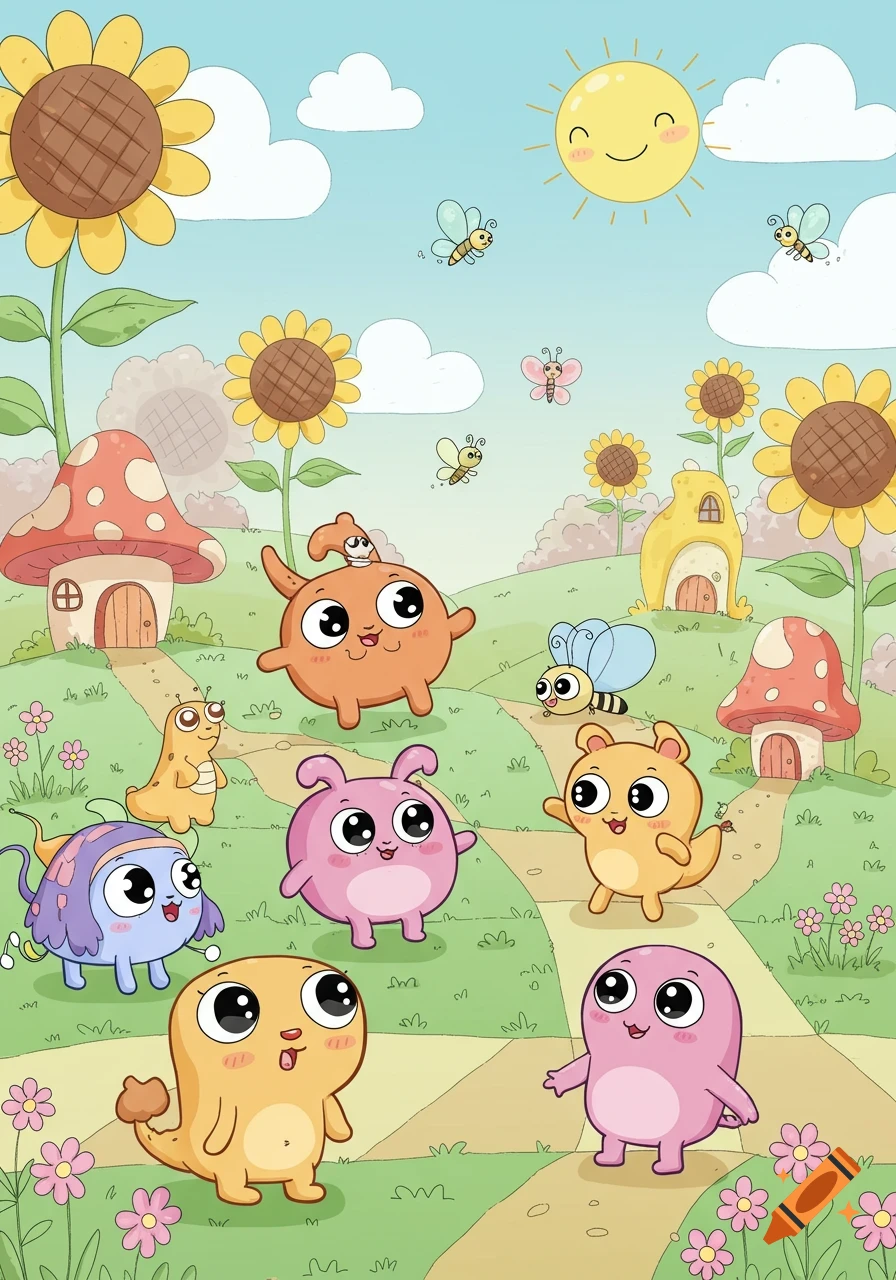 A cheerful cartoon illustration of round, big-eyed creatures in a field of sunflowers and mushroom houses under a smiling sun.