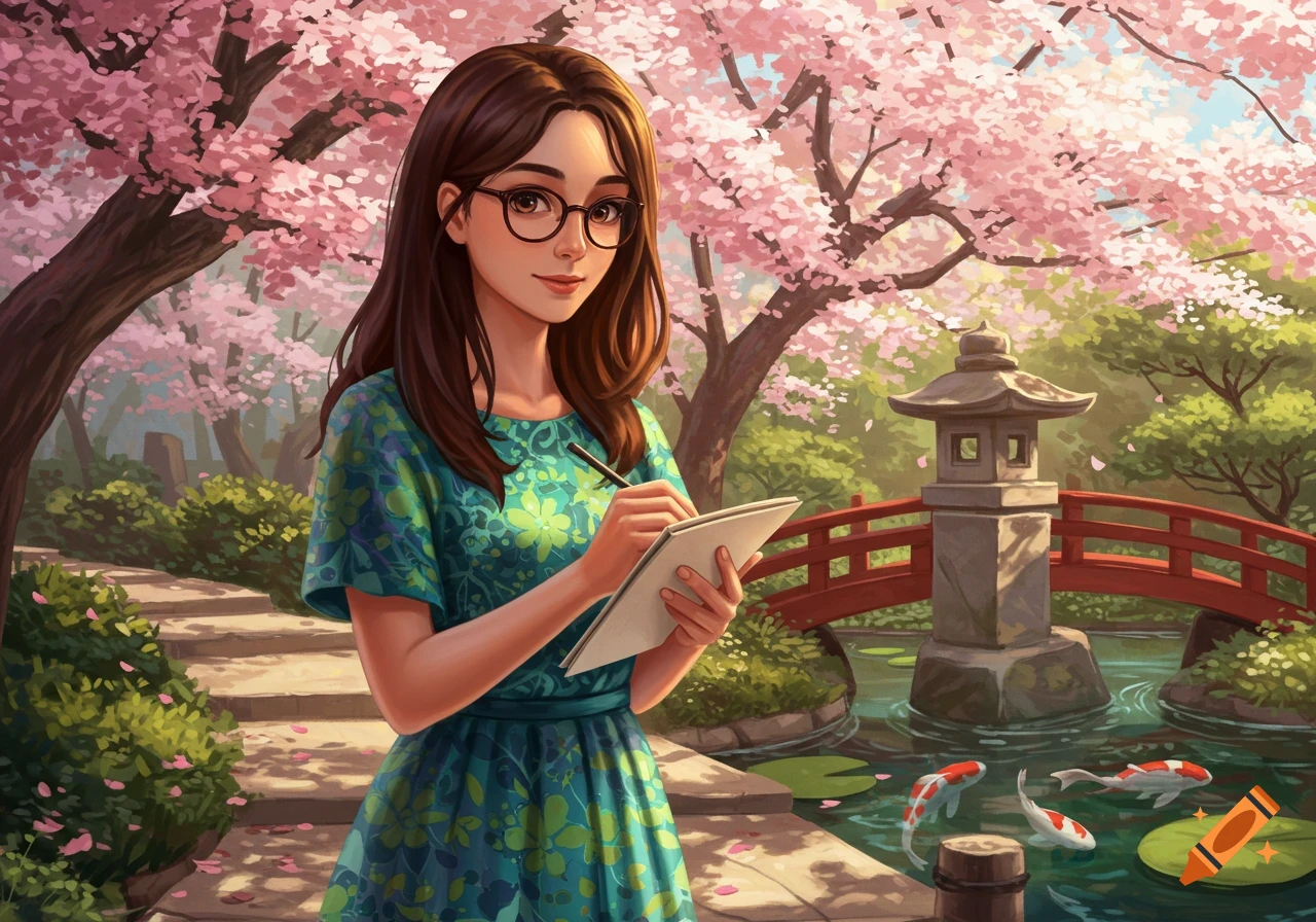 Young woman in glasses sketching in a Japanese garden with pink cherry blossoms, a red bridge, stone lantern, and koi pond. Anime art style.