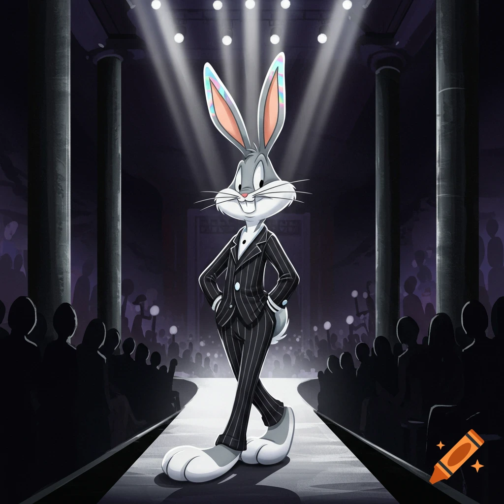 Bugs Bunny in a pinstripe suit walks a dark fashion runway under spotlights, watched by a silhouetted audience.