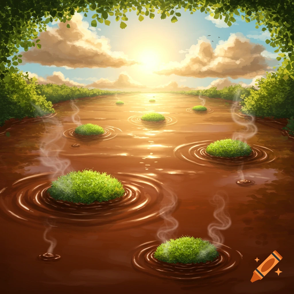 Vibrant illustration of a brown river with green moss islands under a sunny sky, framed by leaves.