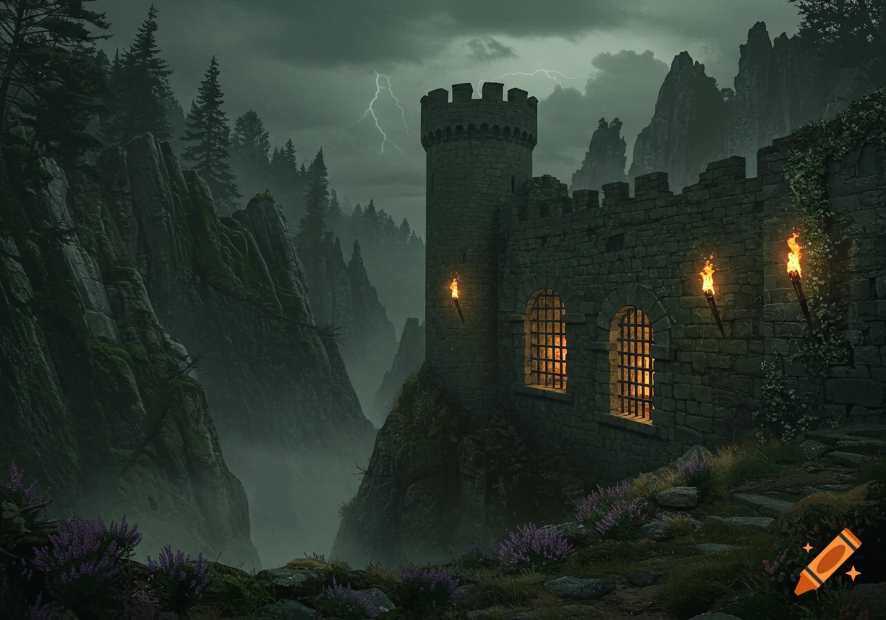 A dark fantasy castle stands on a misty, rocky cliffside under a stormy sky with lightning. Torches light the stone walls and barred windows.
