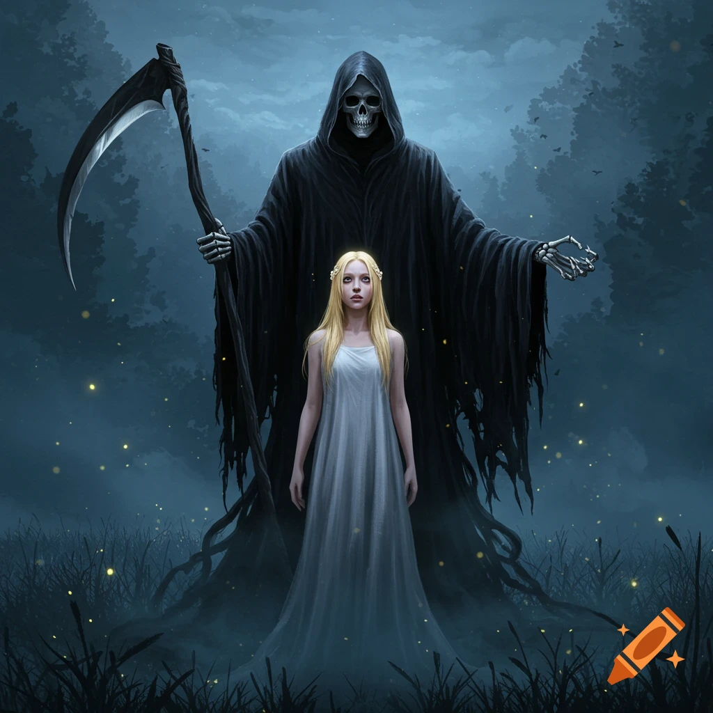 A large, shadowy Grim Reaper with a scythe stands behind a blonde woman in a white dress in a misty dark forest.