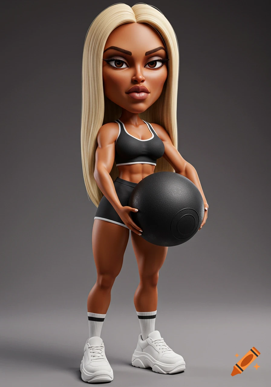 A stylized 3D render of an athletic woman with long blonde hair, muscular build, in a black sports bra and shorts, holding a medicine ball.