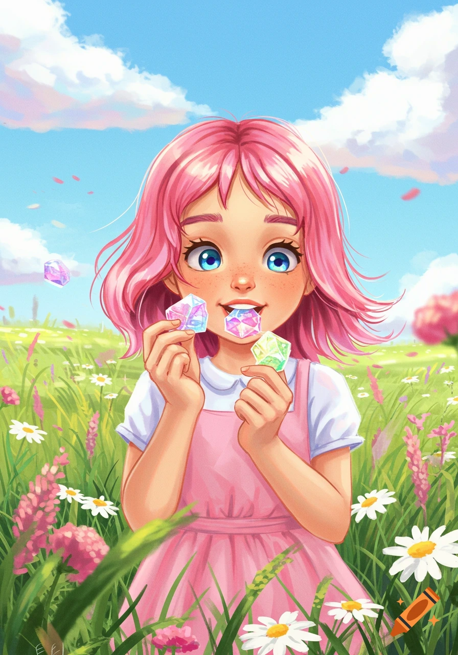 A cartoon girl with pink hair stands in a field of wildflowers, eating colorful crystal candy.