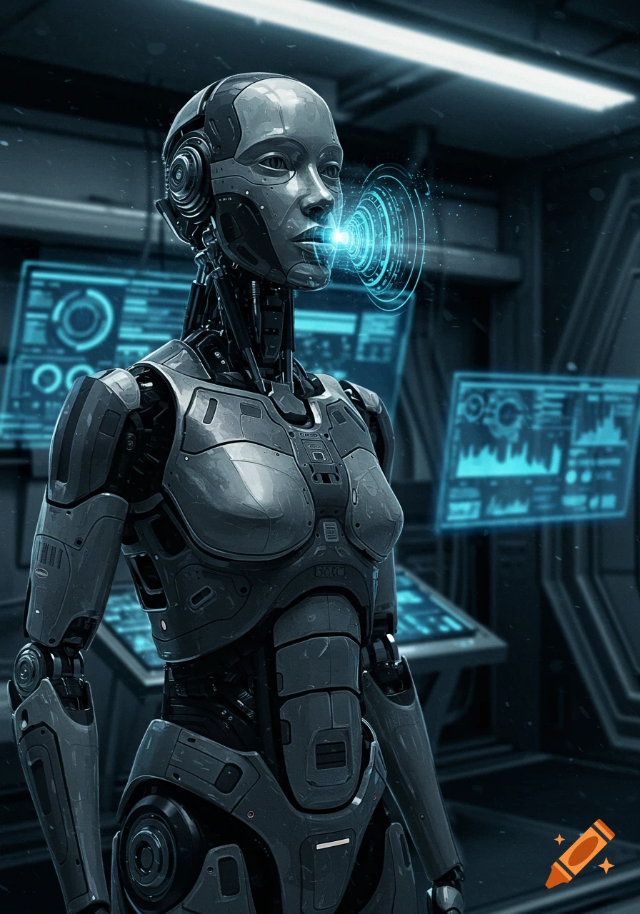 A grey and black humanoid robot with a glowing blue mouth, appearing to speak, stands in a futuristic control room with blue holographic screens.