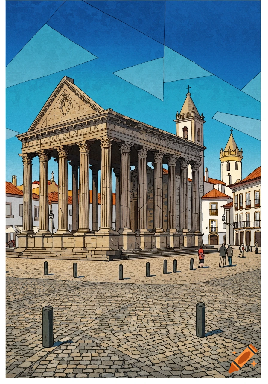 A colorful, cubist-style illustration of the Roman Temple of Évora in Portugal, with a cobblestone square and bell towers.