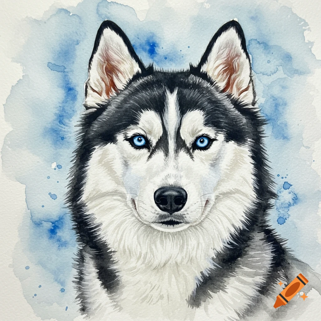 Watercolor portrait of a black and white Siberian husky with blue eyes, against a blue watercolor splattered background.