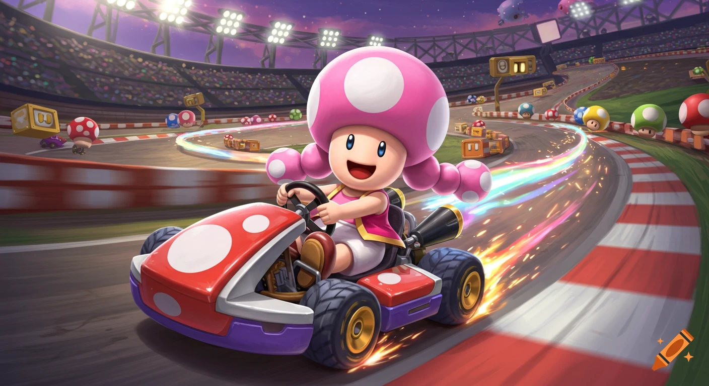 Toadette drives a red kart with rainbow trail effects on a race track at dusk, with a stadium in the background.