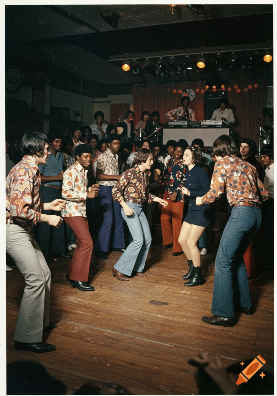 Diverse people in 1970s attire dance on a wooden floor in a dimly lit club with a DJ booth.