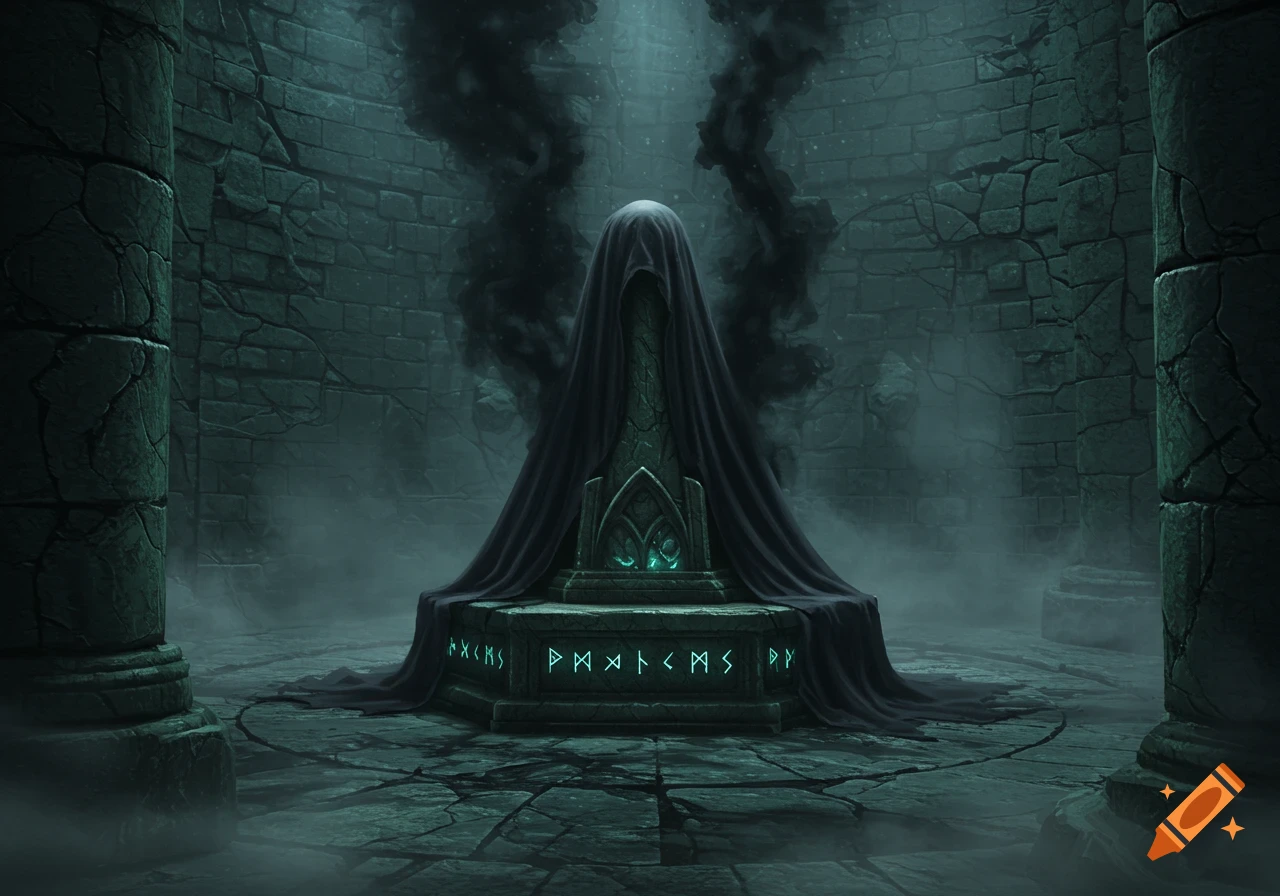 A mysterious cloaked figure on a gothic pedestal in an eerie, dark stone chamber, with glowing runes and tendrils of black smoke rising.
