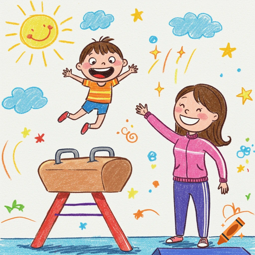 Crayon drawing of a happy child jumping over a vaulting horse while a female coach smiles and reaches out.