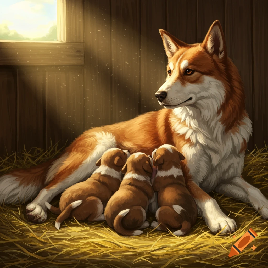 A mother dog with red-brown and white fur lies on hay, breastfeeding three small puppies in a sunlit barn.