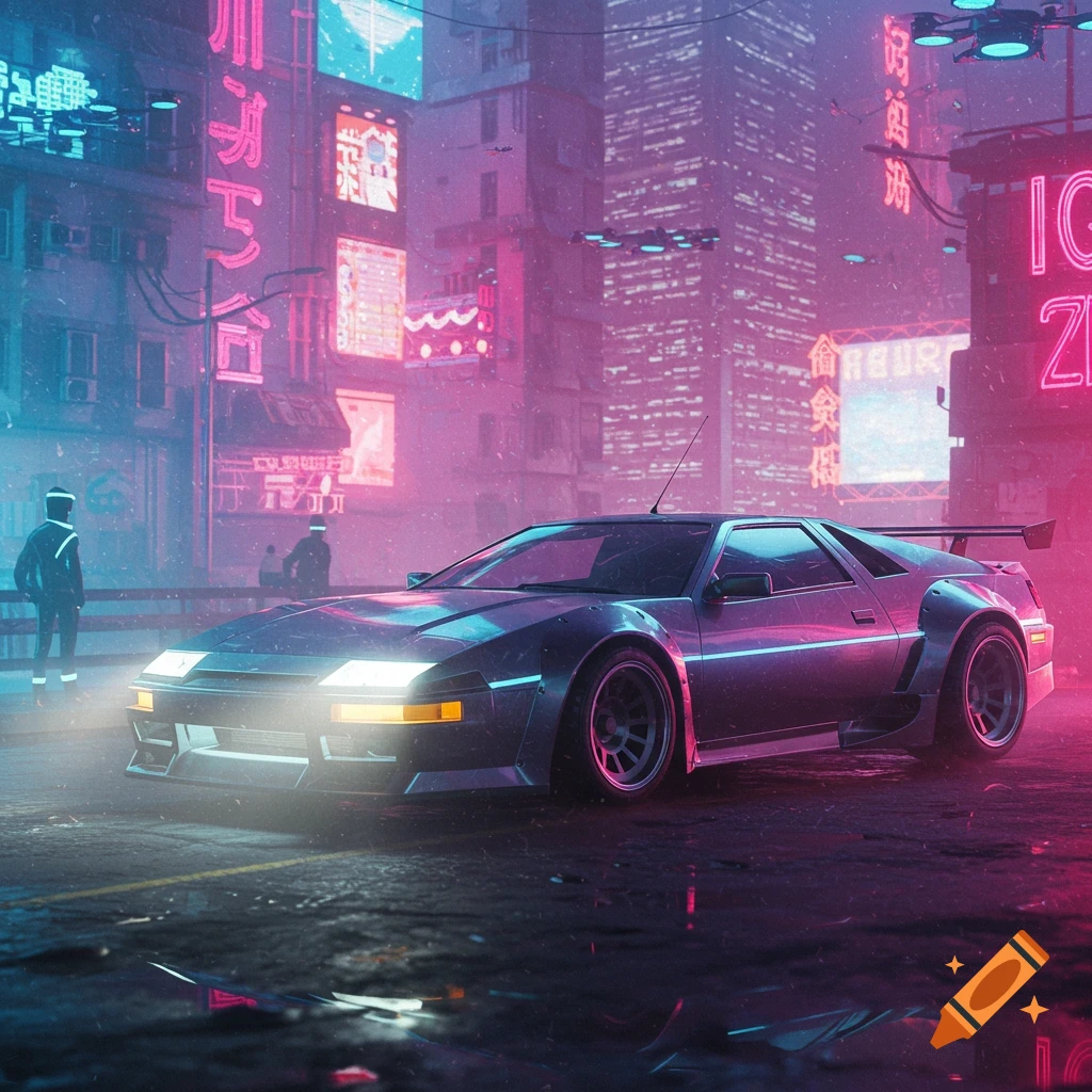 A sleek, dark cyberpunk car with glowing headlights on a wet street in a neon-lit futuristic city.