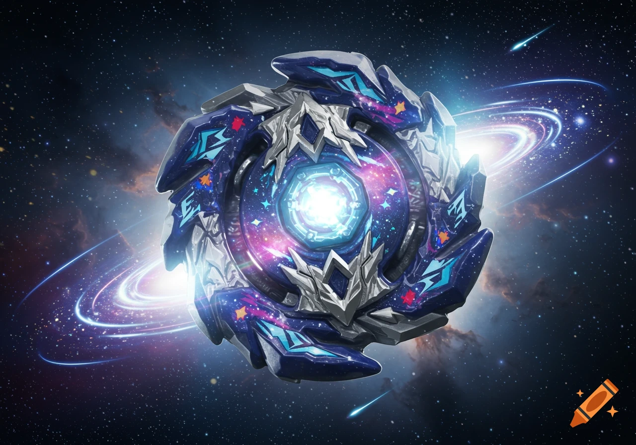 A detailed, futuristic Beyblade with a glowing blue center, set against a vibrant galaxy with stars and swirling nebulae.