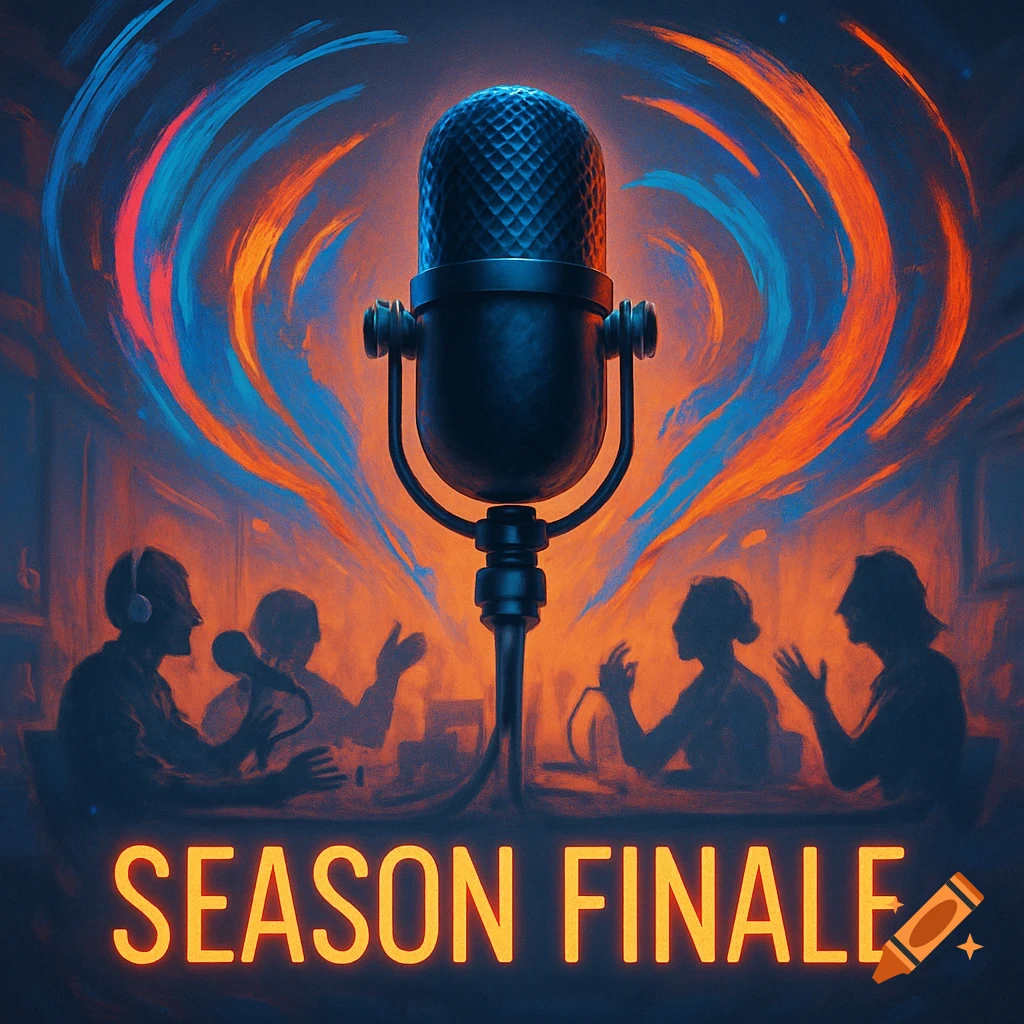 Abstract illustration of a large microphone with swirling orange and blue energy, silhouettes of people, and 'SEASON FINALE' text.