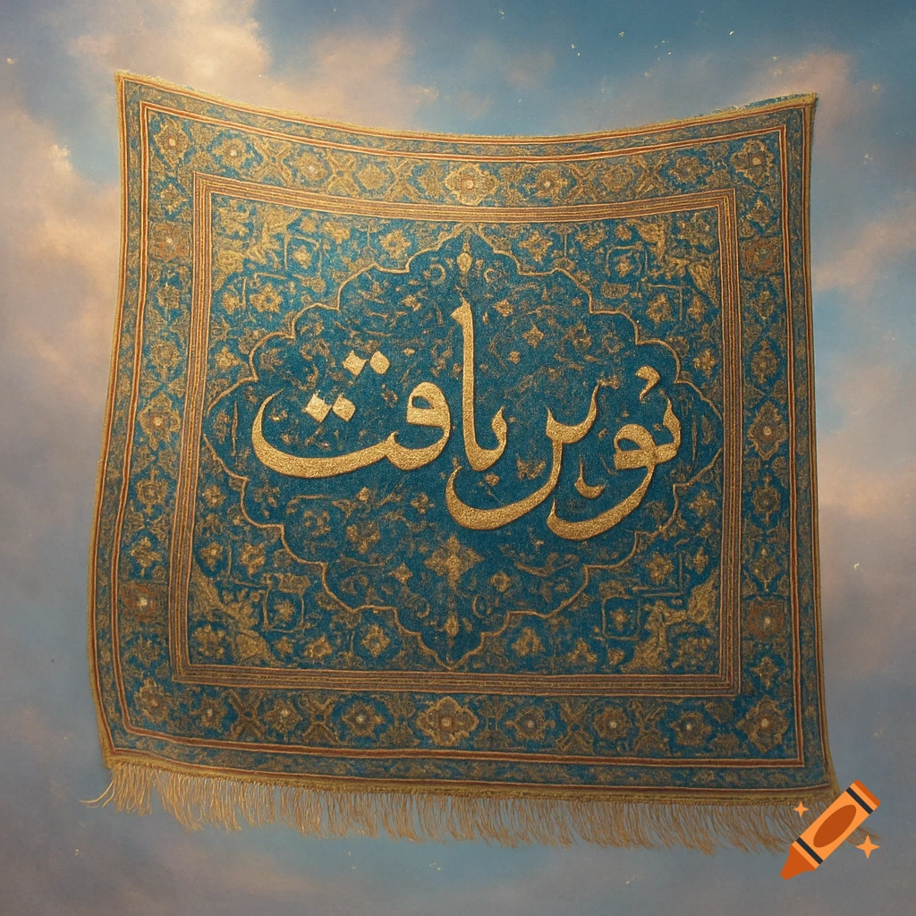 A blue and gold ornate Persian flying carpet with the text '".بافت"' in gold, set against a cloudy blue sky.