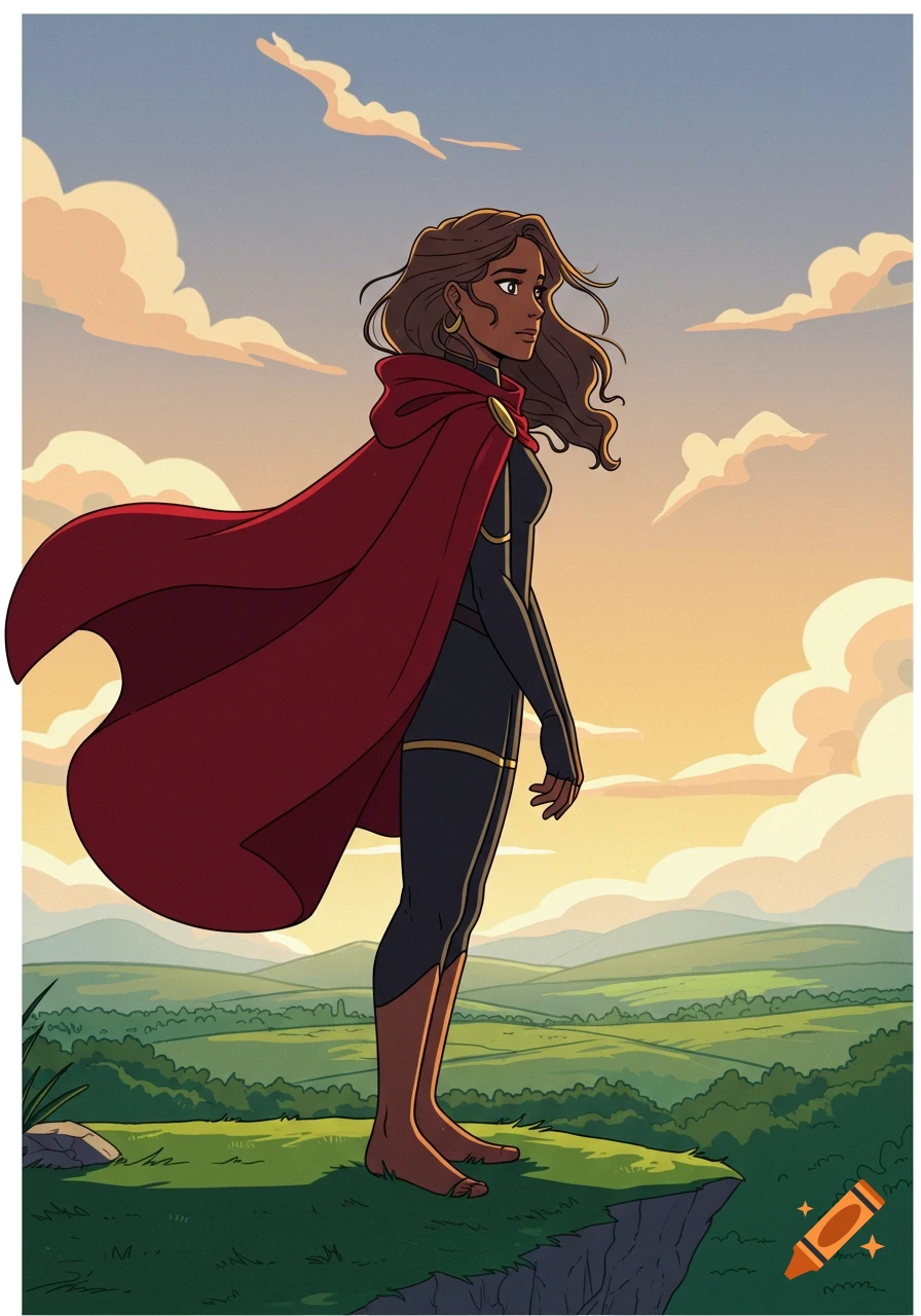 A stylized digital illustration of a dark-skinned woman in a black bodysuit and red cape standing on a cliff overlooking a green landscape at sunset.
