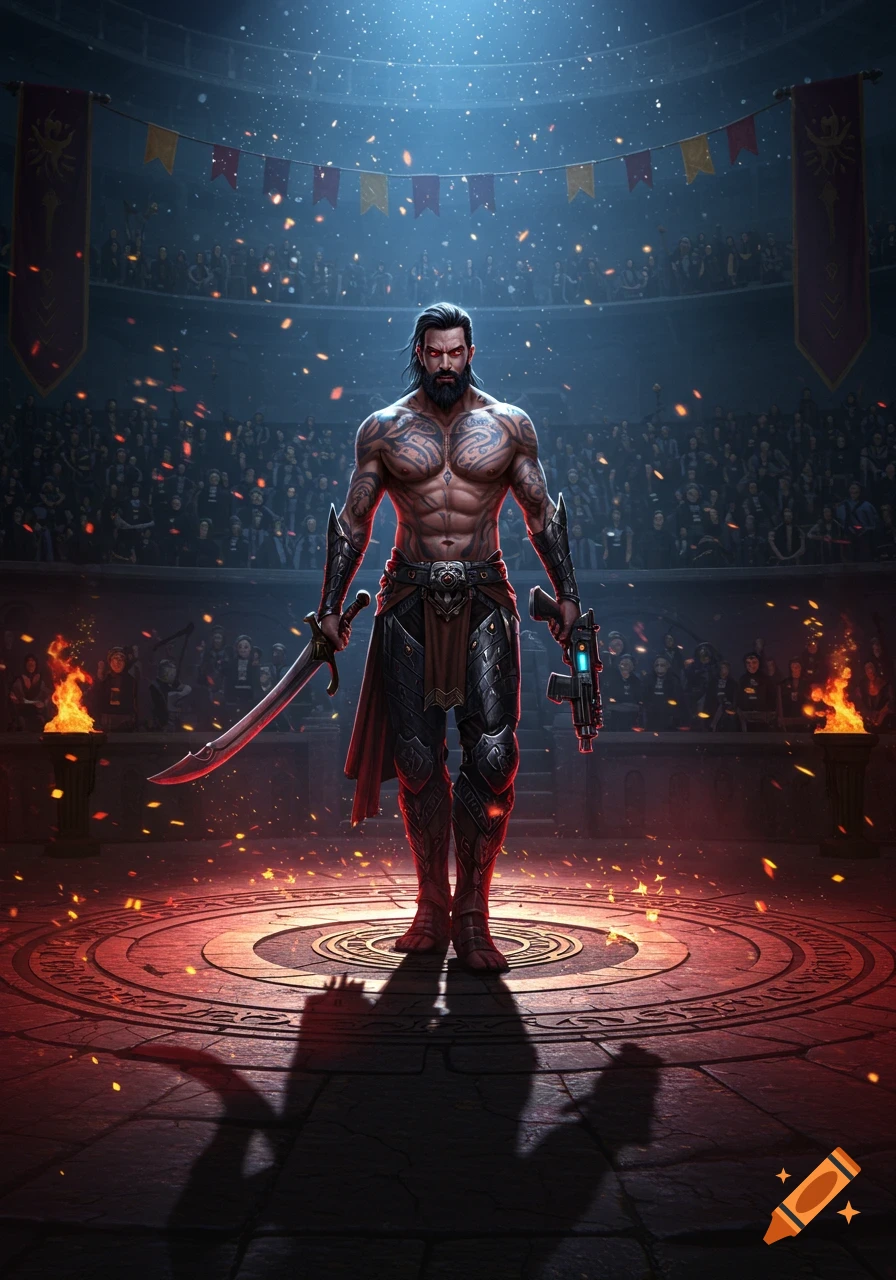 Muscular warrior with tattoos, beard, and red eyes stands in a dark, lit arena holding a sword and a futuristic gun.