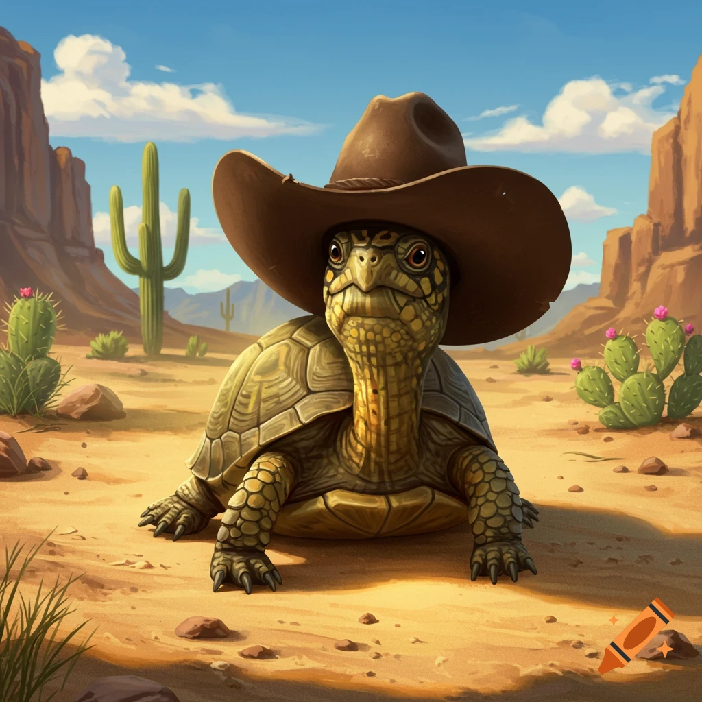 A box turtle wearing a brown cowboy hat sits in a sandy desert with cacti and mountains under a blue sky, in a detailed illustration.