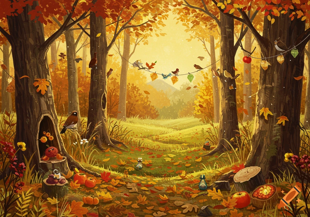 Whimsical illustration of an autumn forest path with vibrant trees, fallen leaves, birds, pumpkins, and apples.