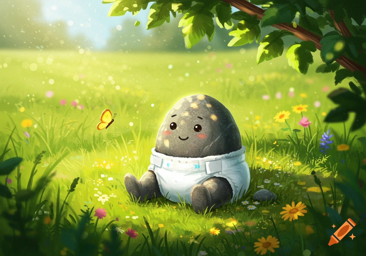 A cute, smiling rock wearing a diaper sits in a vibrant, sunlit green meadow with colorful wildflowers and a butterfly.