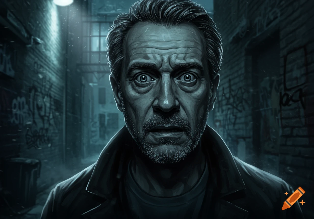 Close-up of a fearful man with wide eyes and a beard in a dark, graffiti-covered alley.