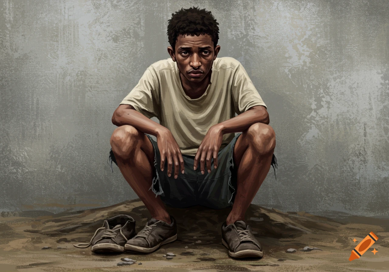 A young boy with tired eyes and messy hair squats, wearing stained clothes and torn shorts, with dirty shoes on the ground.