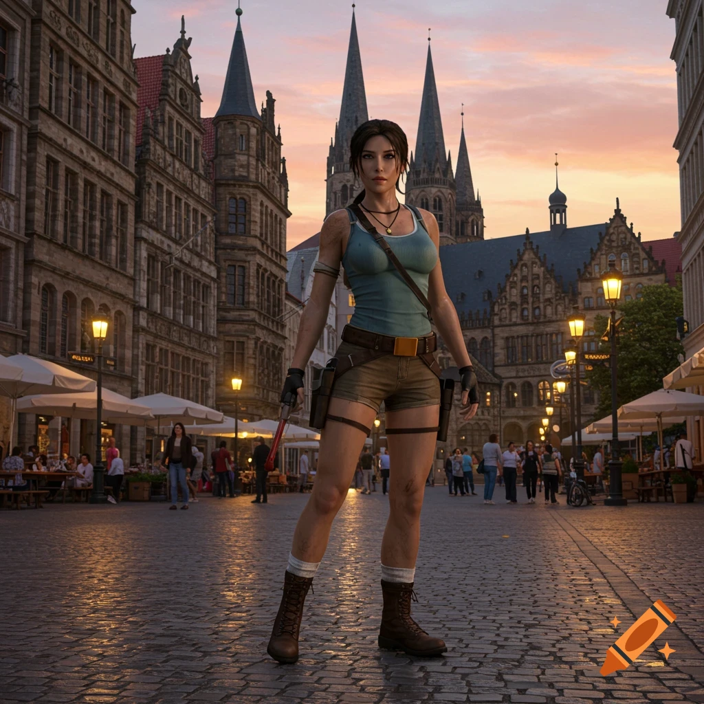 Photorealistic Lara Croft in a historic European city street at sunset, with old buildings and street lamps.