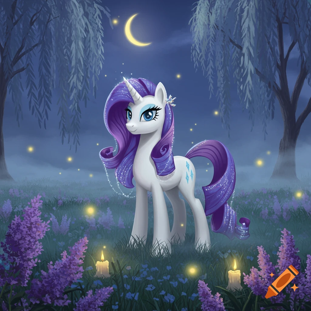 A white unicorn with a long purple mane and tail stands in a misty field of lavender flowers and glowing lights under a crescent moon.