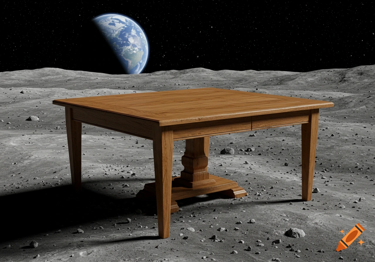 A photorealistic wooden table stands on the cratered surface of the moon, with Earth visible in the dark starry sky.