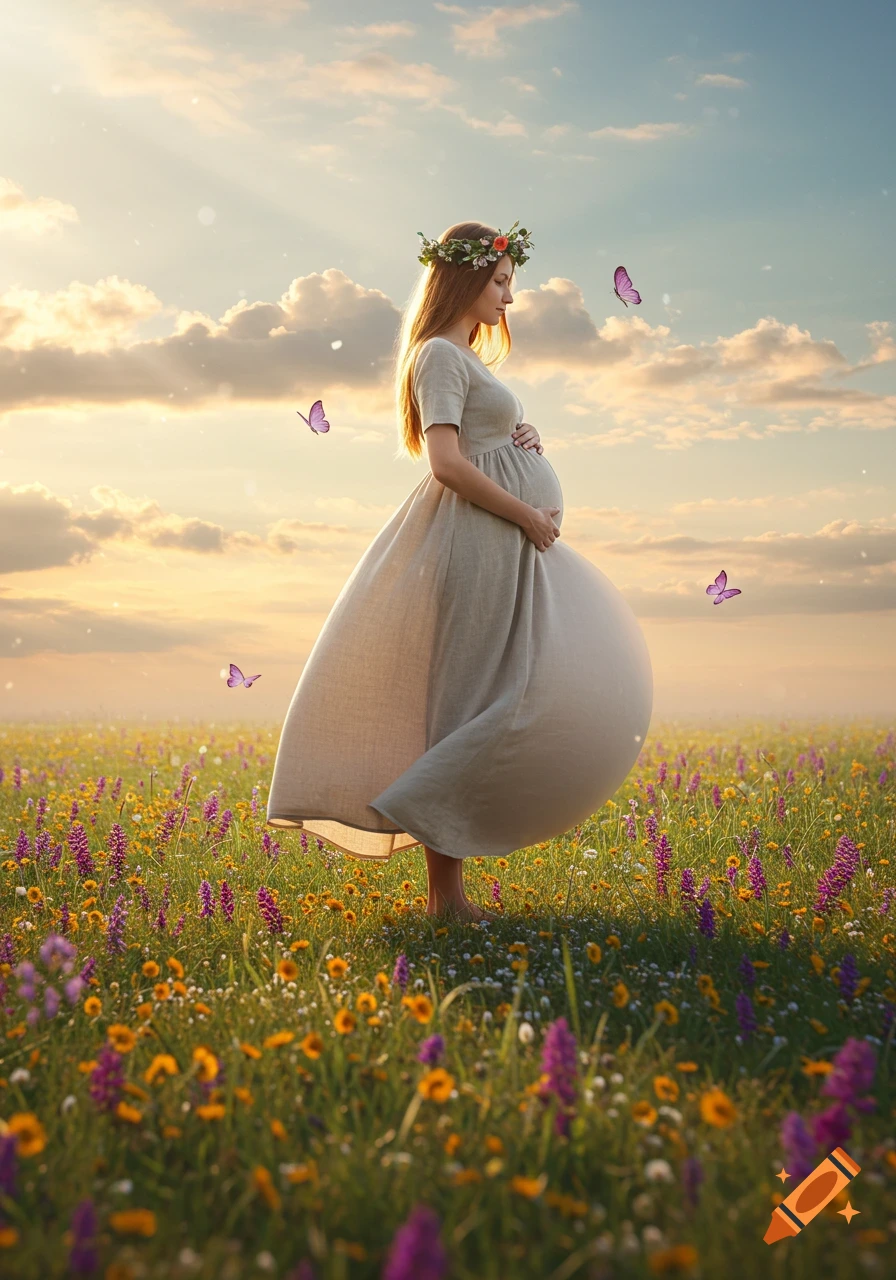 A pregnant woman in a flowing dress stands barefoot in a sunlit field of wildflowers, cradling her belly, with butterflies around her.