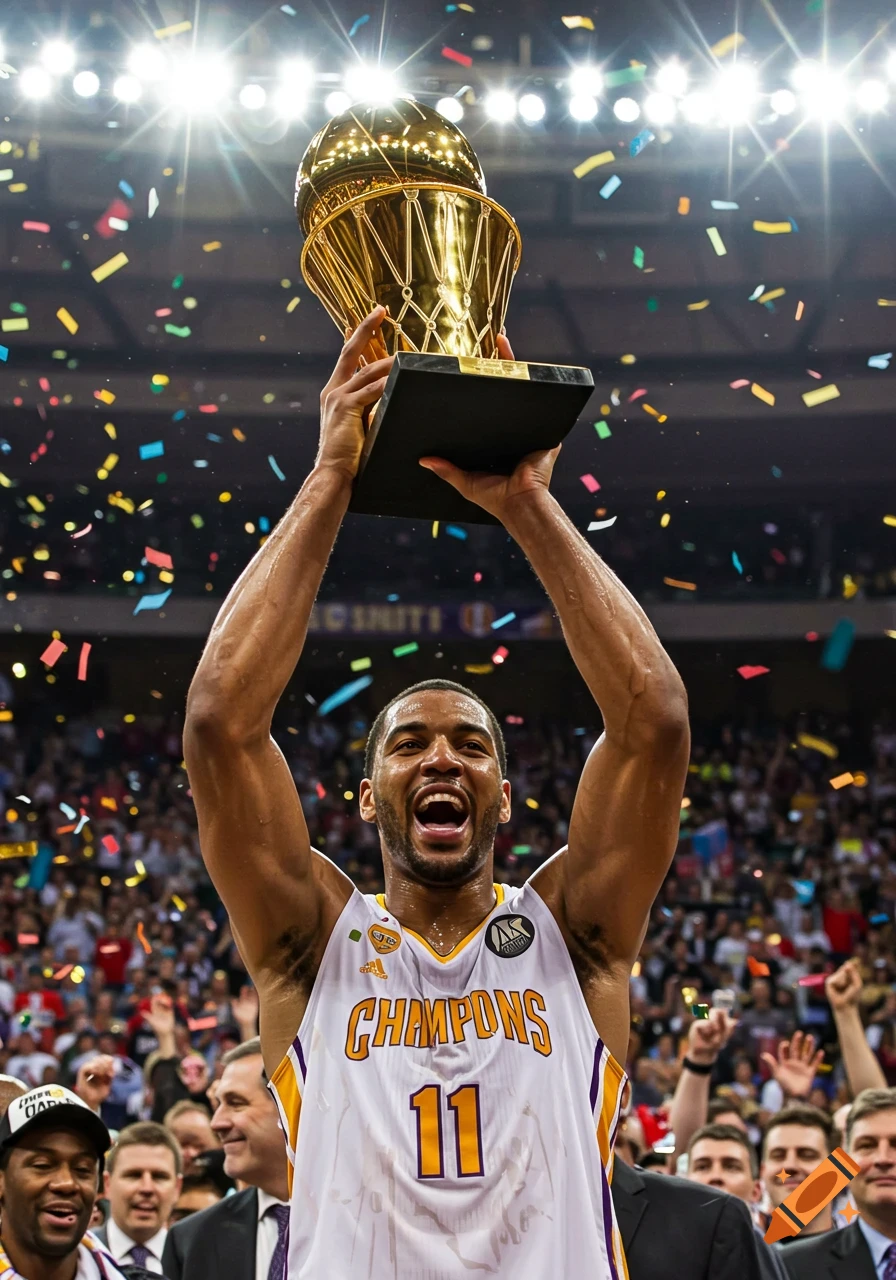 A jubilant male basketball player in a white jersey with "CHAMPIONS" and "11" holds a golden trophy overhead as confetti falls in a stadium.