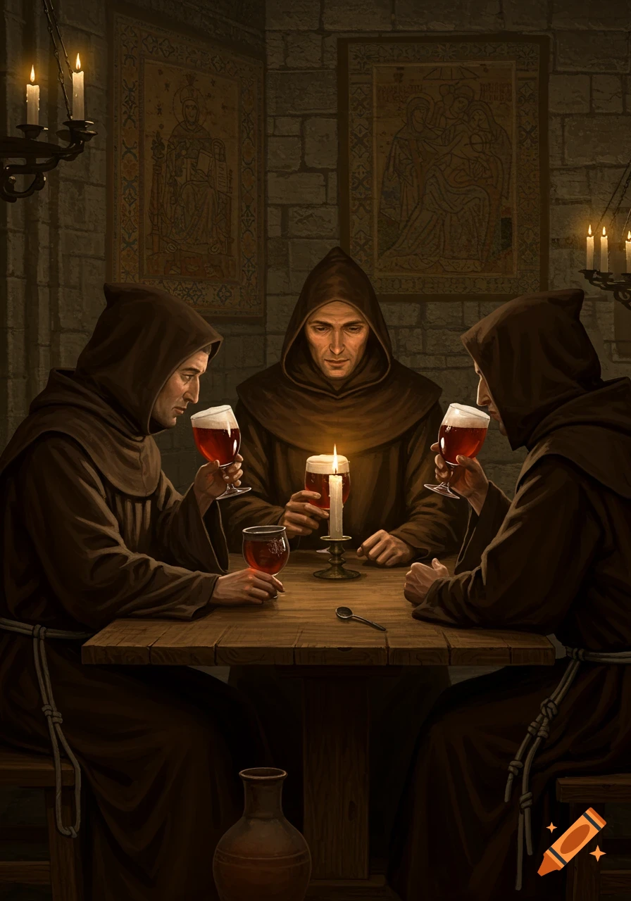 Three hooded monks in brown robes sit at a candlelit wooden table, drinking red beverages from glasses in a dimly lit stone room.