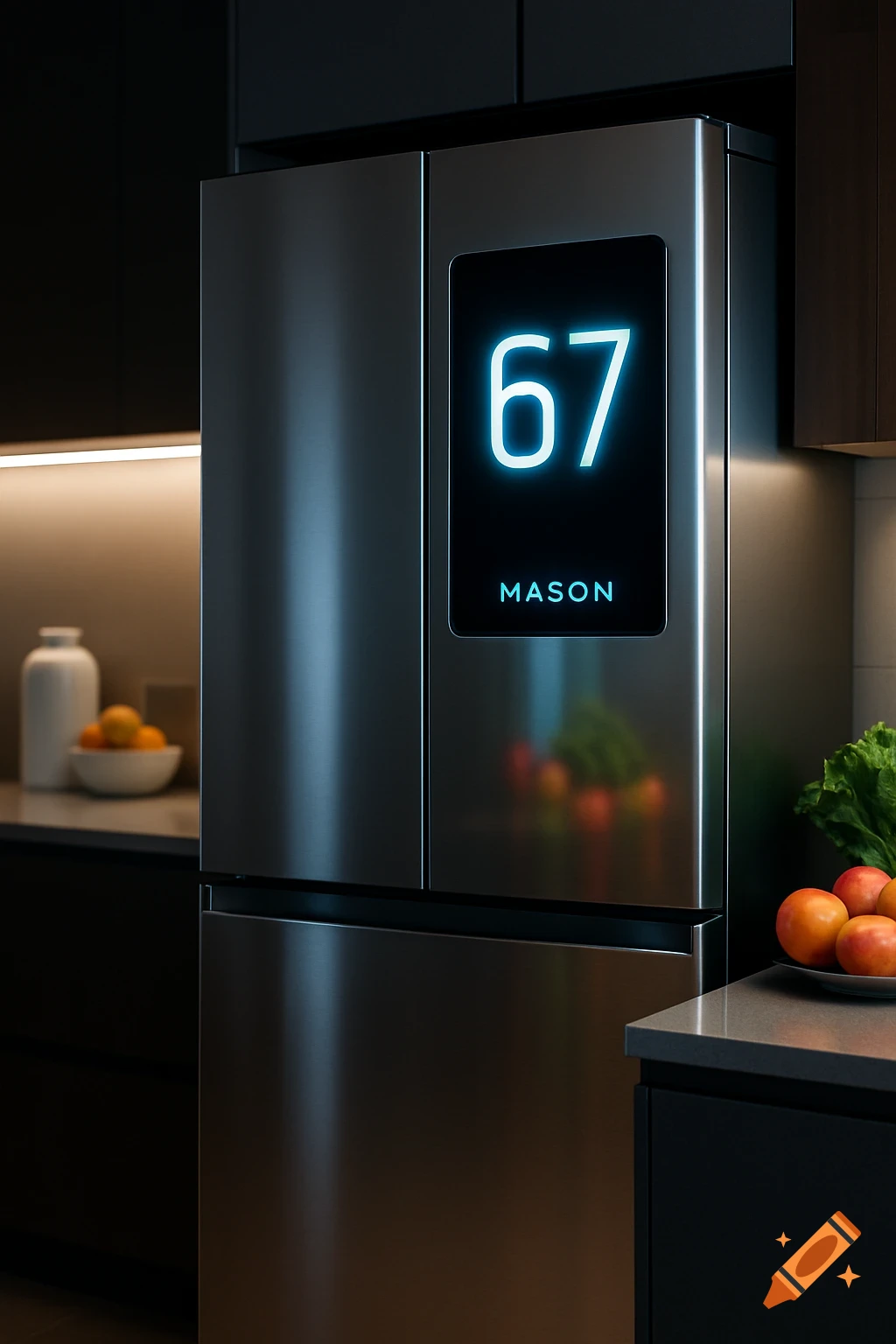 A modern, stainless steel smart refrigerator features a glowing digital screen displaying '67' and 'MASON' in a contemporary kitchen.