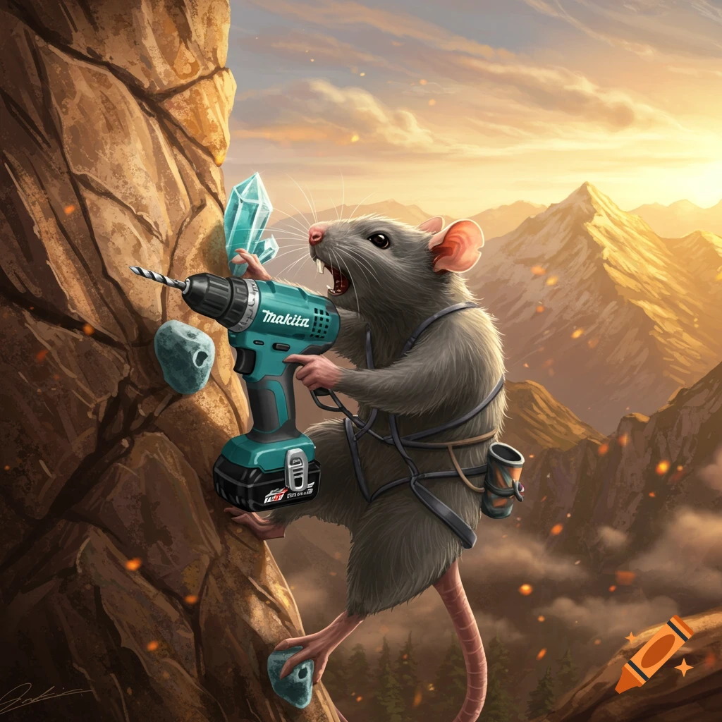 An angry rat wearing climbing gear holds a teal power drill, setting a route on a rocky mountain face at sunset.