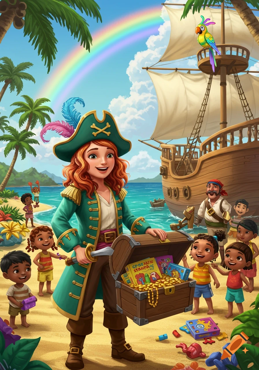 A cheerful female pirate captain opens a treasure chest filled with toys and books on a tropical beach, surrounded by happy children, a parrot, and a pirate ship under a rainbow.