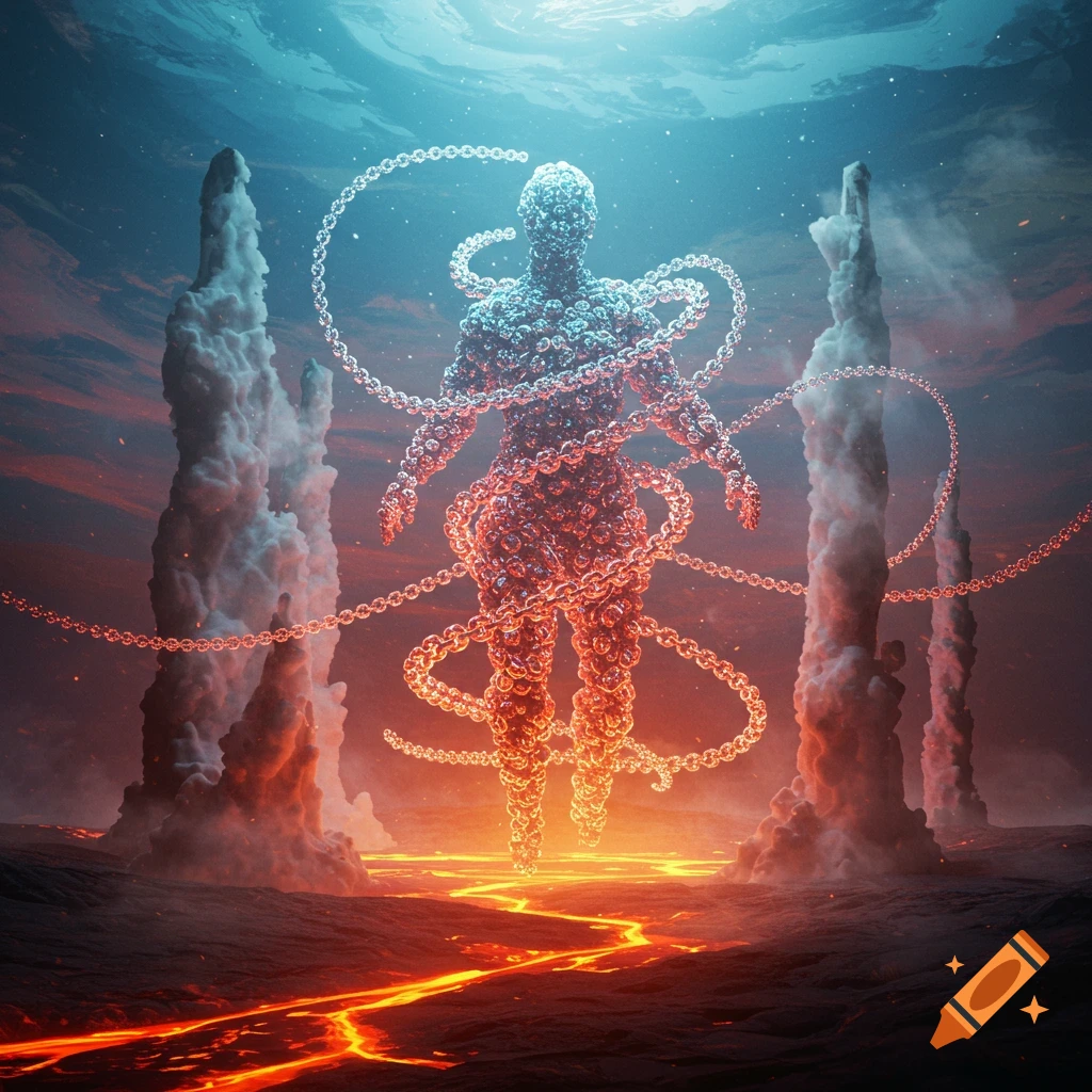 A shimmering humanoid figure made of chains, wrapped in chains, rises from a lava landscape with smoke pillars under a dark, starry sky.